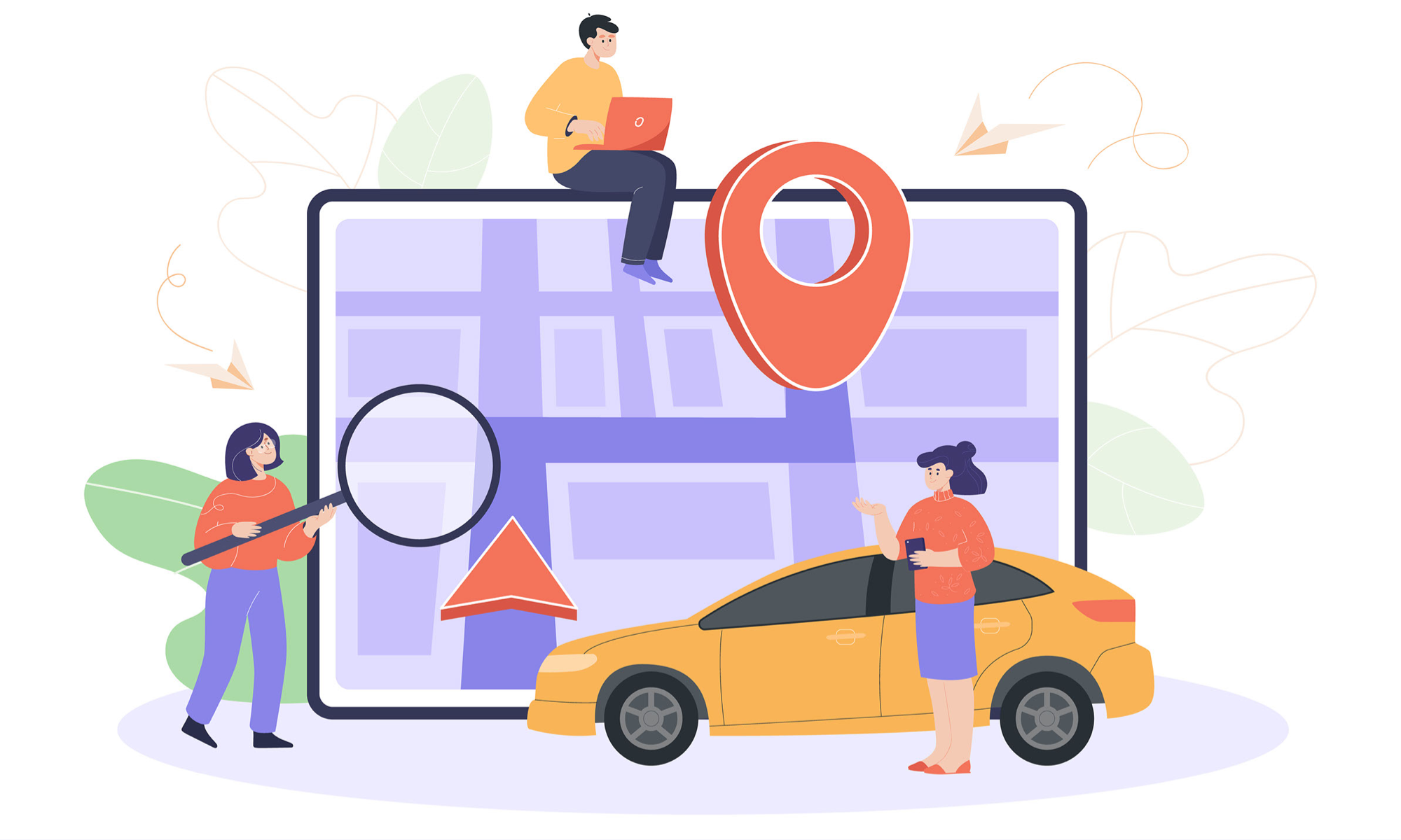 There are travel fees for the mobile notary and mobile NSA™ service, and they are zone-based (distance). Cartoon of people engaged with a map and an automobile.